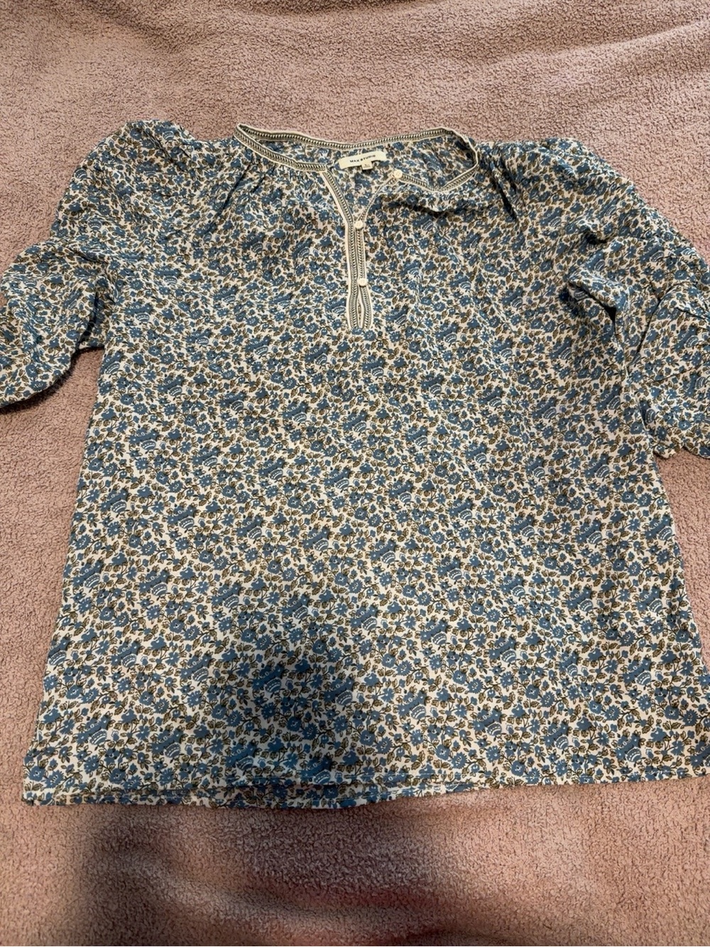 Max Studio Blue Floral Boho Peasant Blouse Large